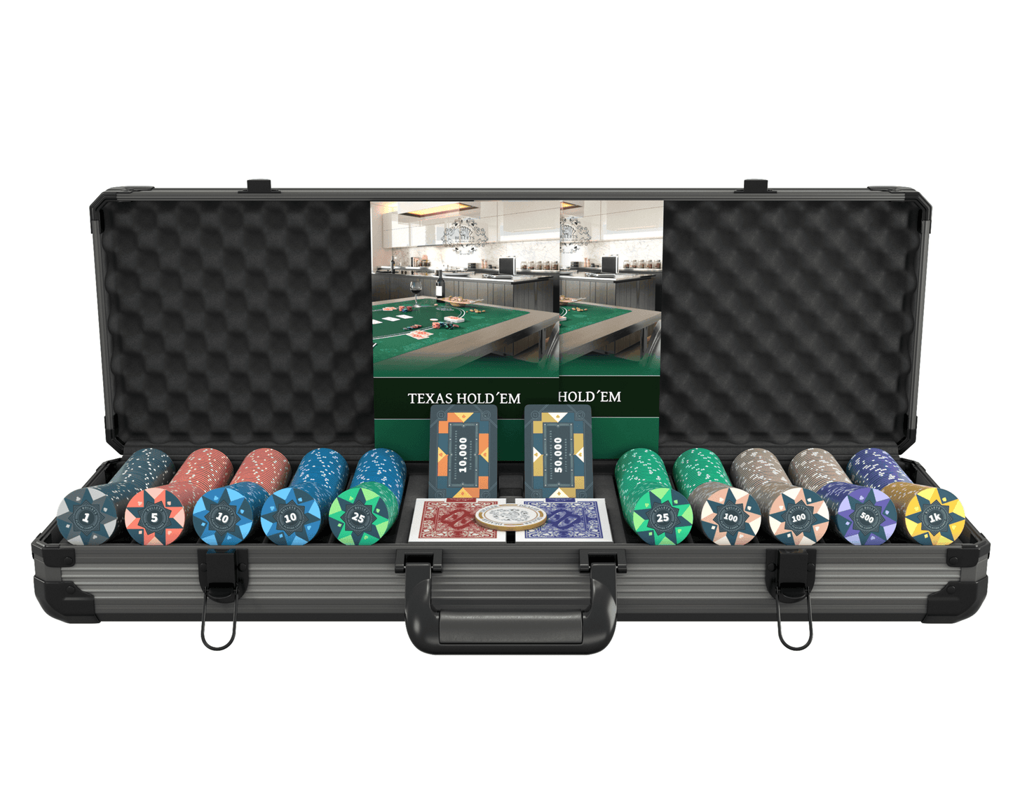 Poker Koffer mit 500 Keramik Pokerchips "Paulie" mit Werten - Bullets Playing Cards