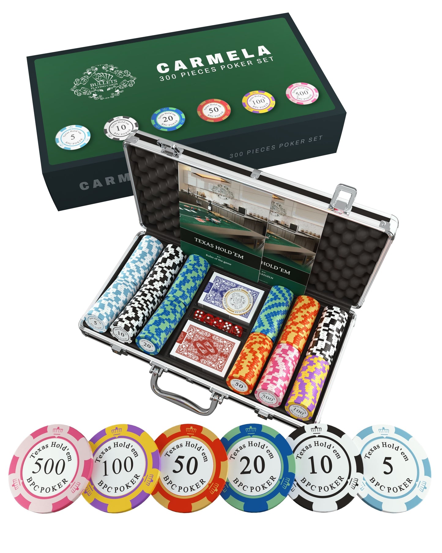 Pokerkoffer mit 300 Clay Pokerchips "Carmela" mit Werten