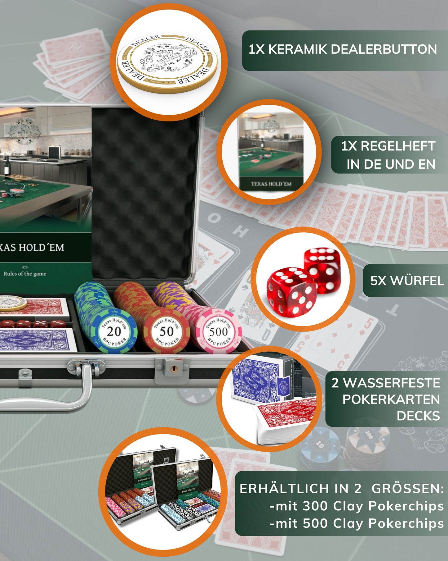 Pokerkoffer mit 300 Clay Pokerchips "Carmela" mit Werten