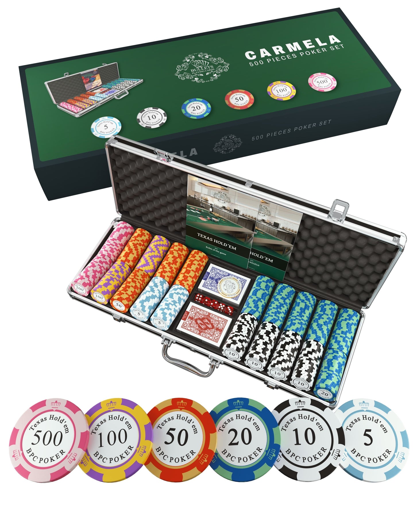 Pokerkoffer mit 500 Clay Pokerchips "Carmela" mit Werten