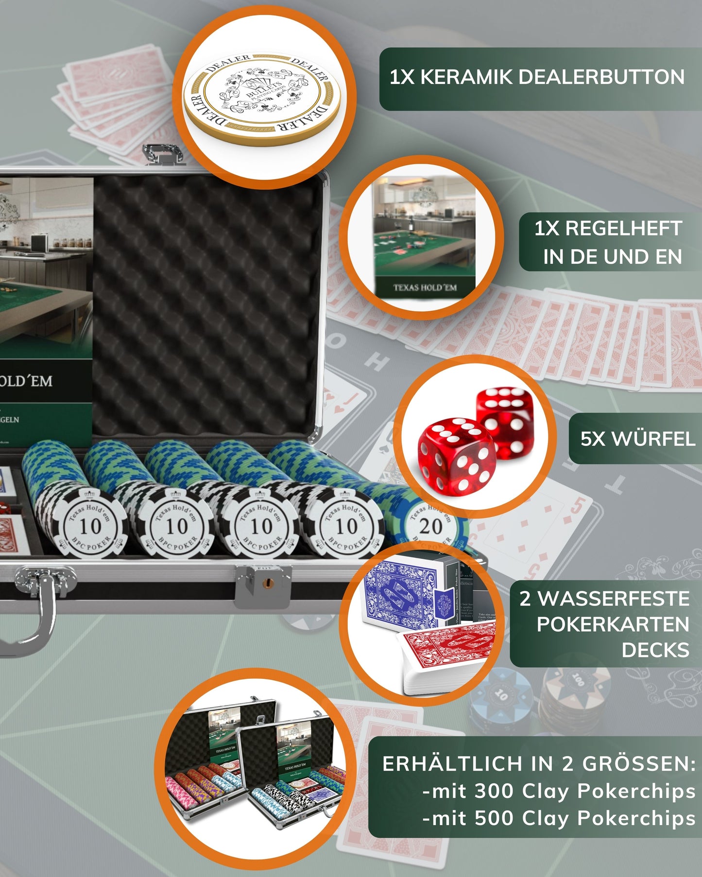 Pokerkoffer mit 500 Clay Pokerchips "Carmela" mit Werten