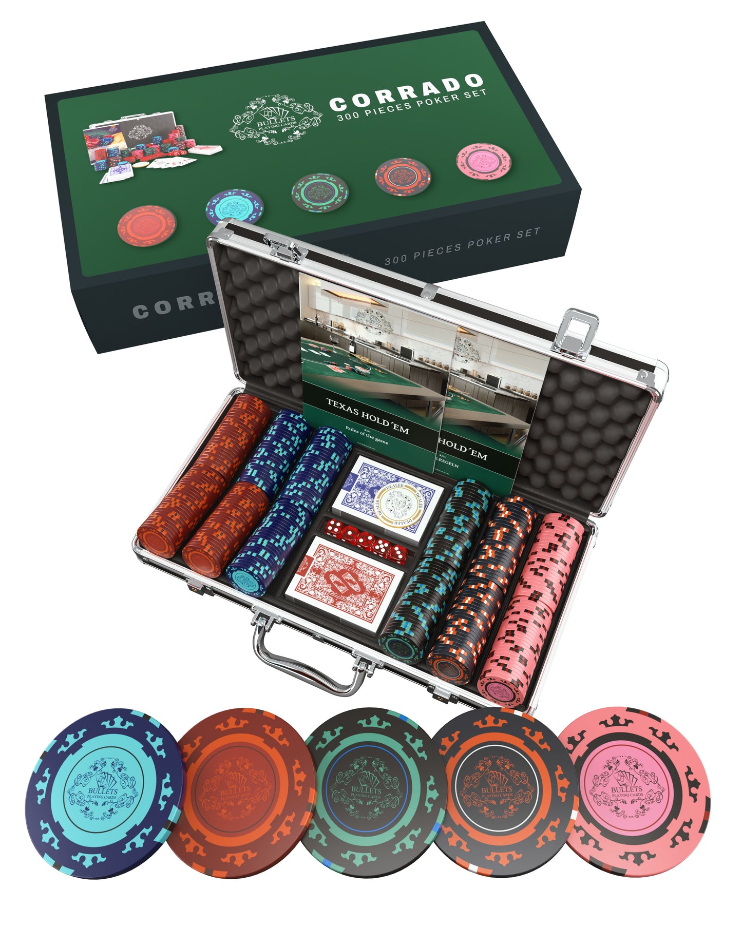 Pokerkoffer mit 300 Clay Pokerchips "Corrado" ohne Werte