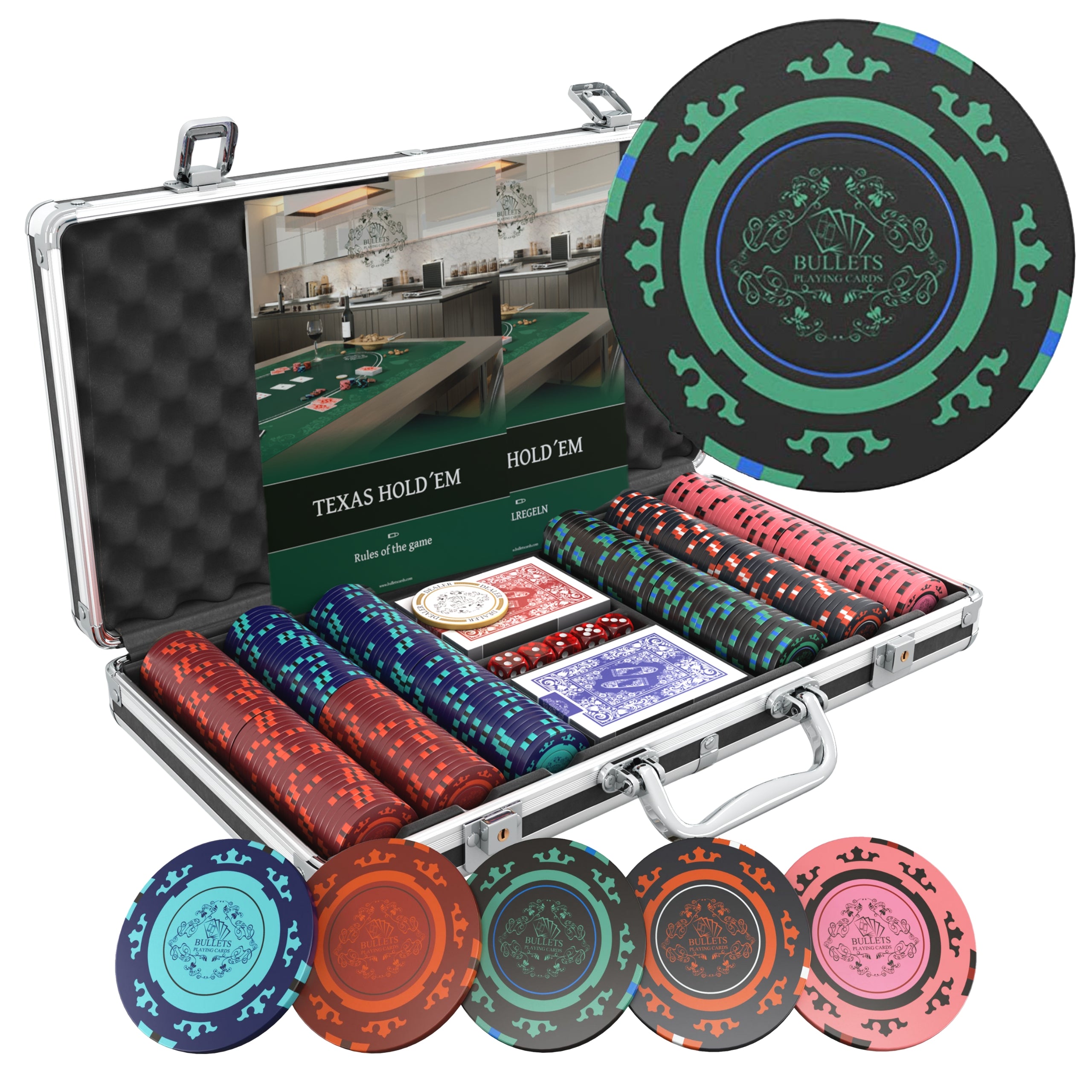 VEVOR Pokerchipset, 300-delige pokerset, Clay complete pokerspeelset met ABS-pokerkoffer, kaarten, knoppen en dobbelstenen, complete set voor 7-8 spelers voor Texas Hold'em, Blackjack, geluksspel enz