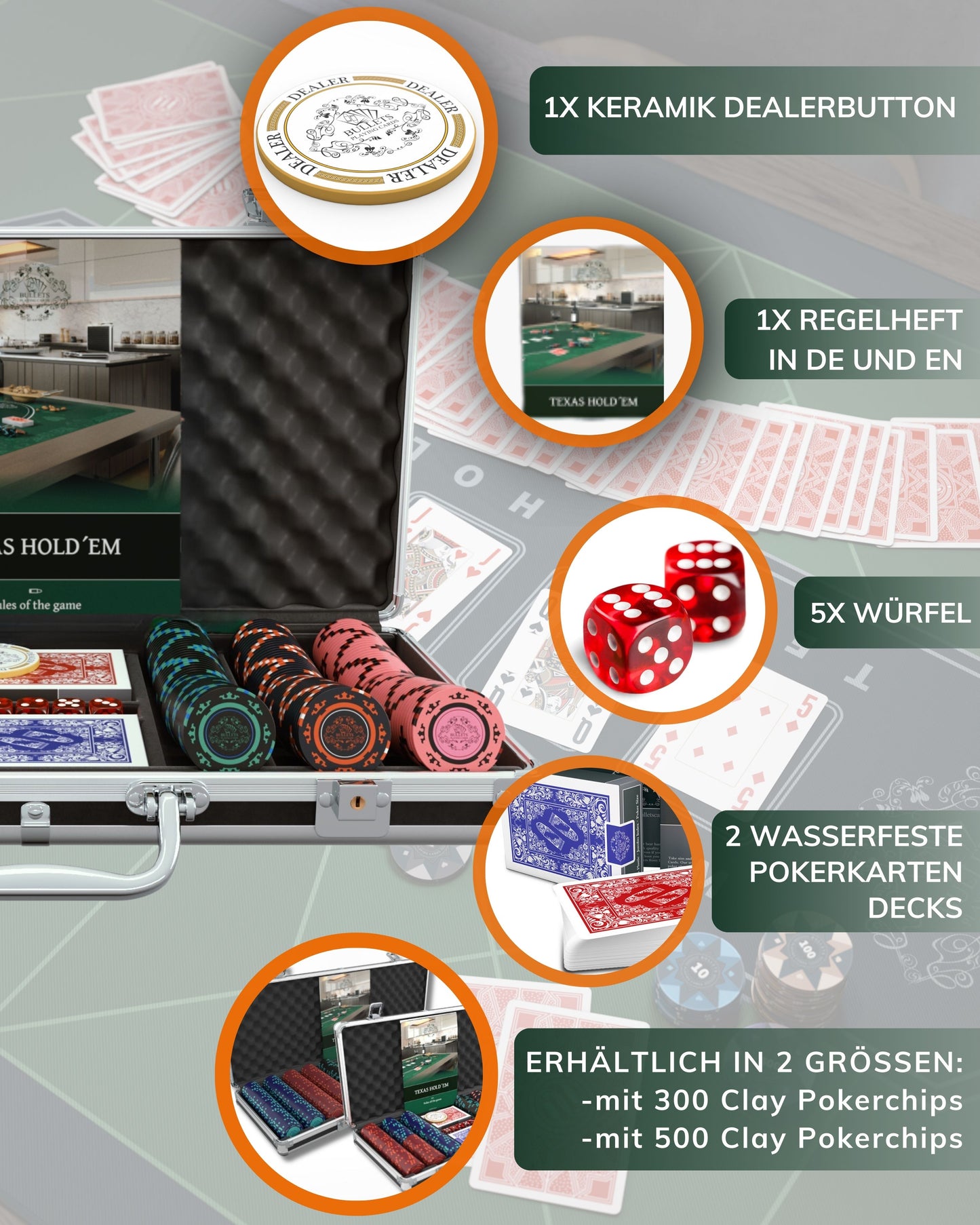 Pokerkoffer mit 300 Clay Pokerchips "Corrado" ohne Werte