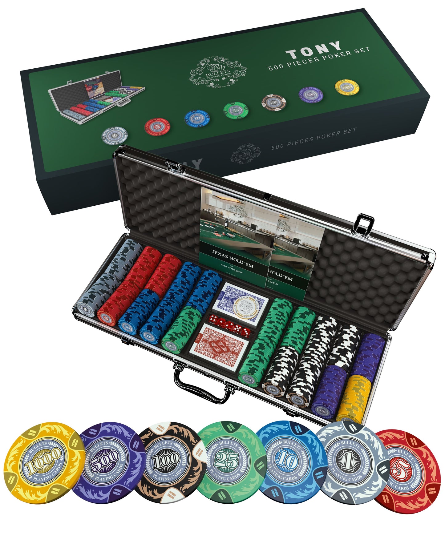 Pokerkoffer mit 500 Designer Clay Pokerchips "Tony" mit Werten
