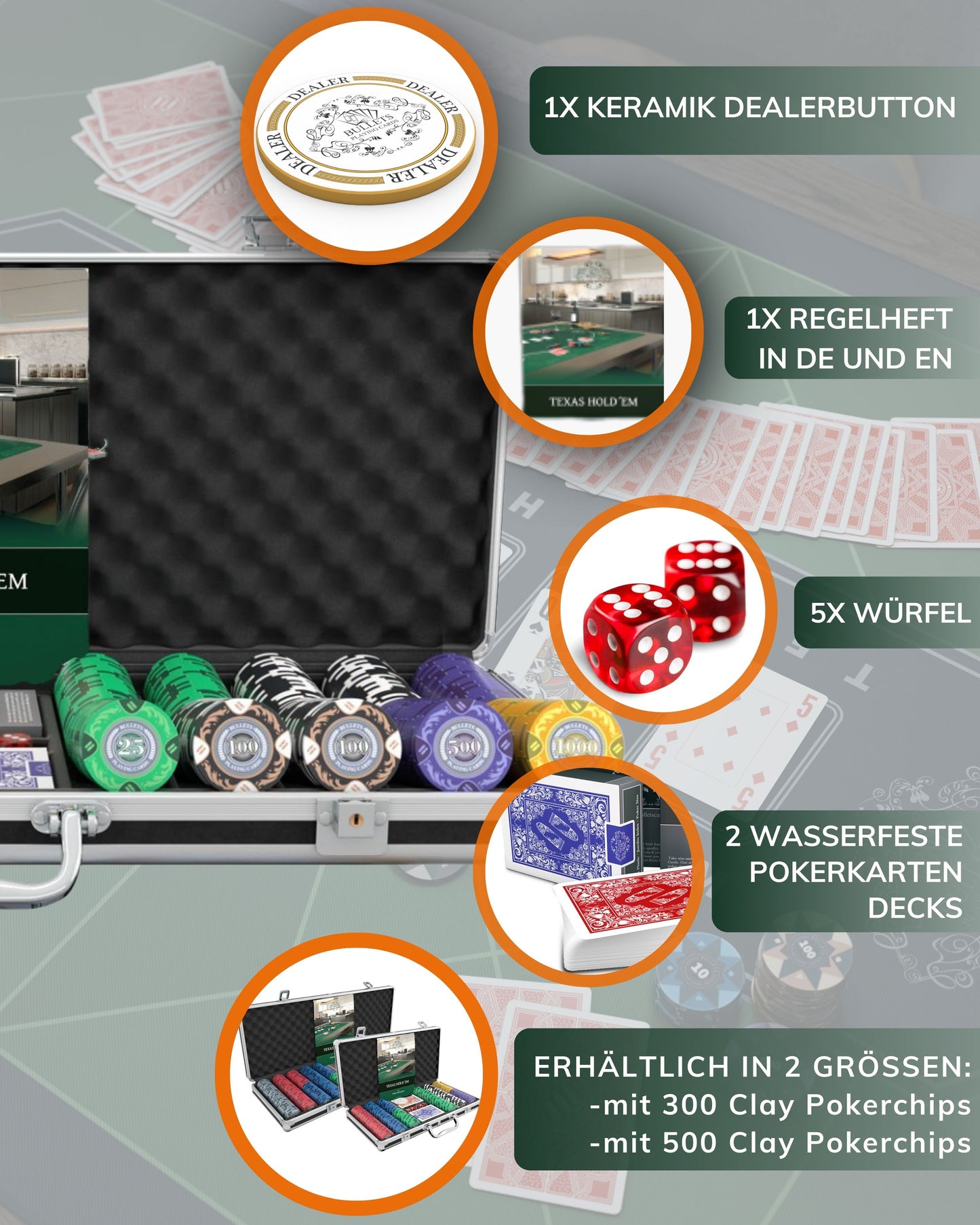 Pokerkoffer mit 500 Designer Clay Pokerchips "Tony" mit Werten