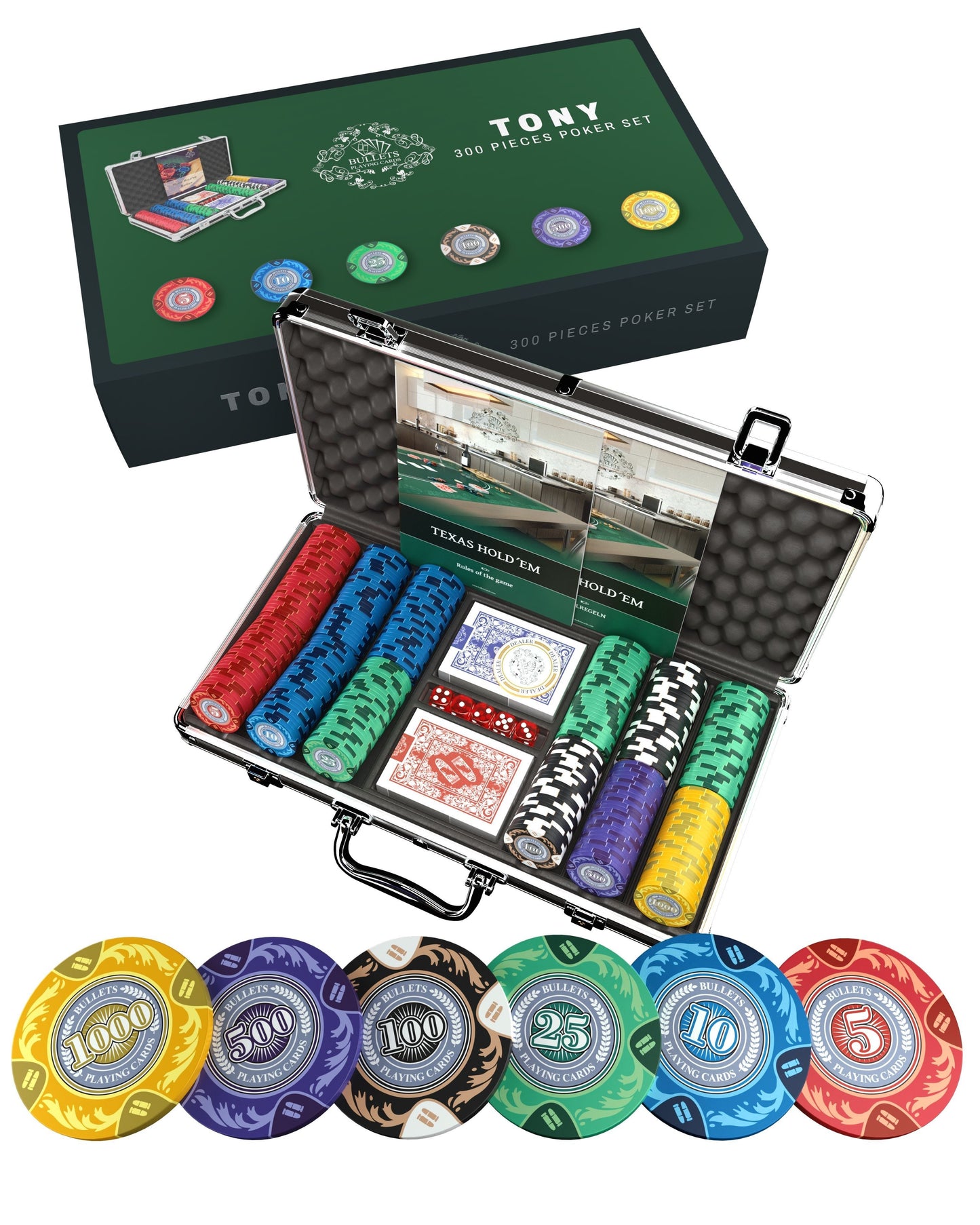 Poker Koffer mit 300 Clay Pokerchips "Tony" mit Werten