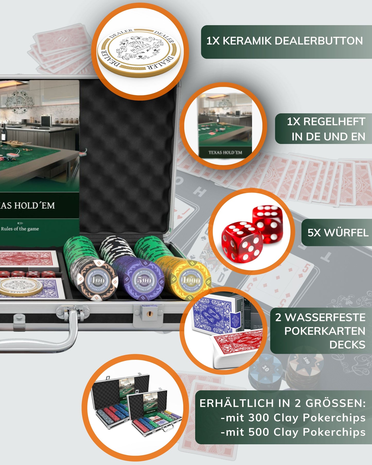 Poker Koffer mit 300 Clay Pokerchips "Tony" mit Werten