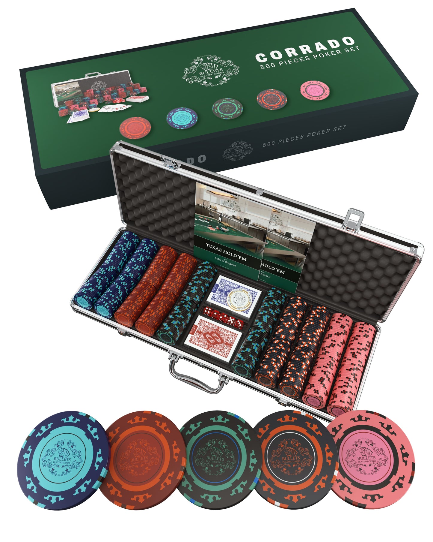 Pokerkoffer mit 500 Clay Pokerchips "Corrado" ohne Werte