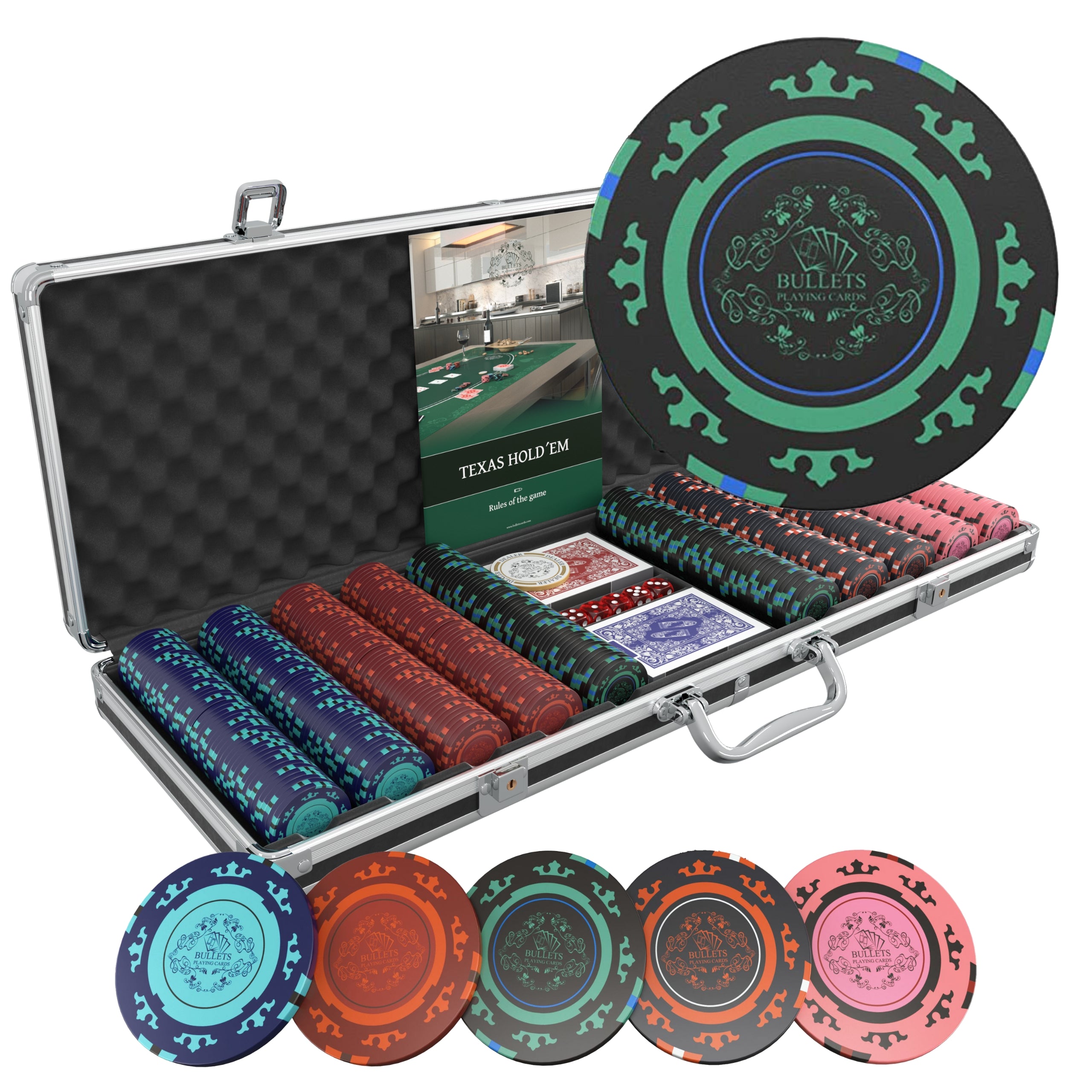 Pokerkoffer Pokerset Pokerchips 4/5 Farben 2xKartenspiel 5xWürfel Pokerkoffer Pokerset Pokerchips 4/5 Farben 2xKartenspiel 5xWürfel