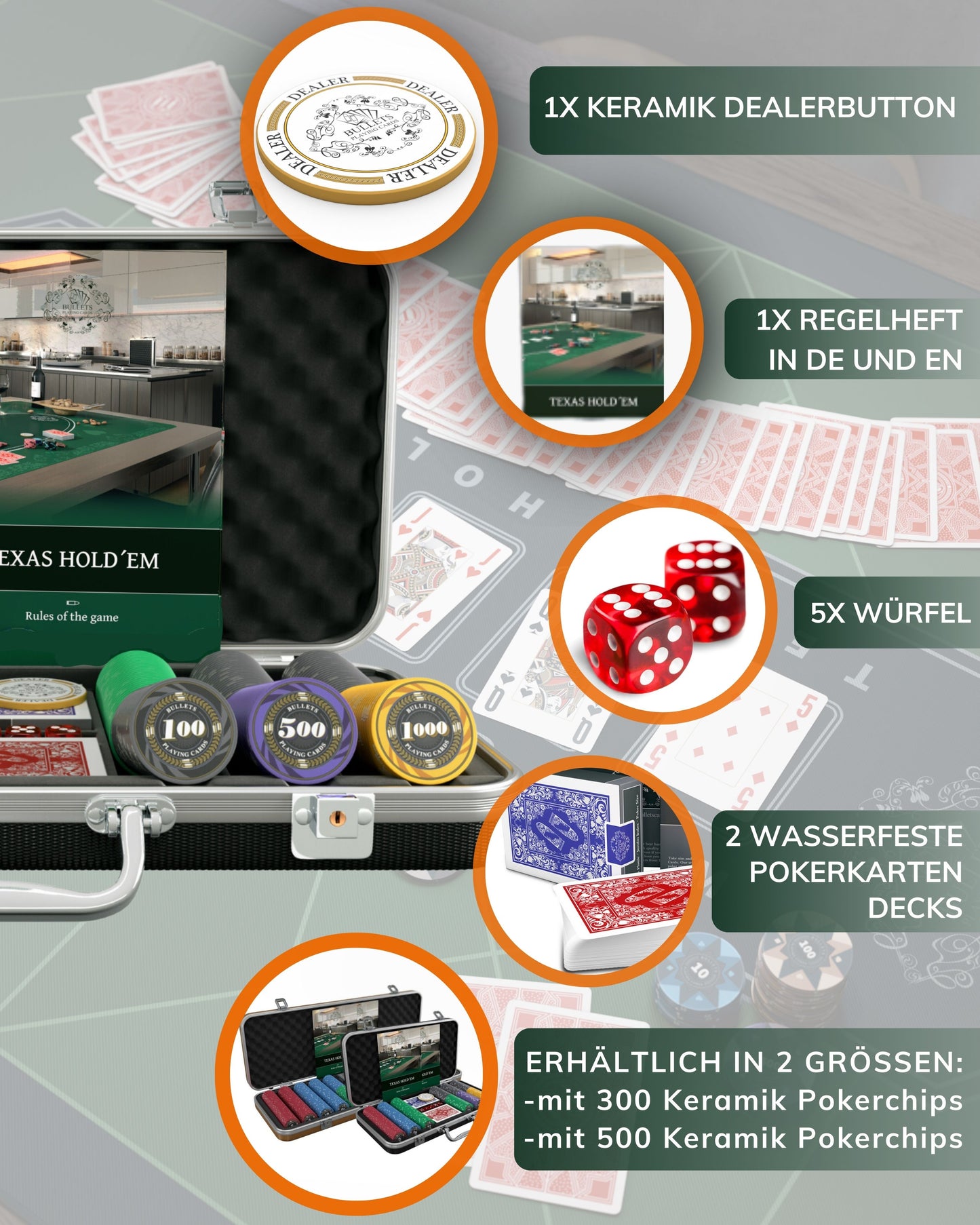 Pokerkoffer mit 300 Keramik Pokerchips "Silvio" mit Werten