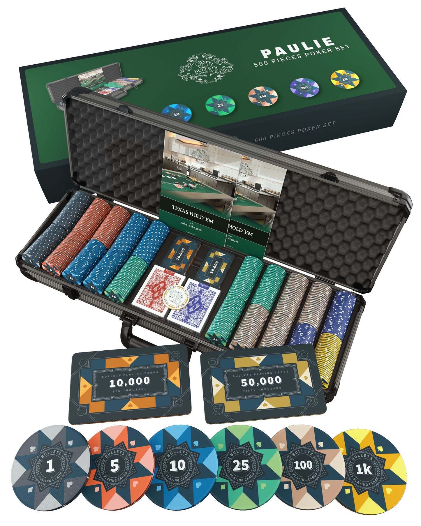 Poker Koffer mit 500 Keramik Pokerchips "Paulie" mit Werten