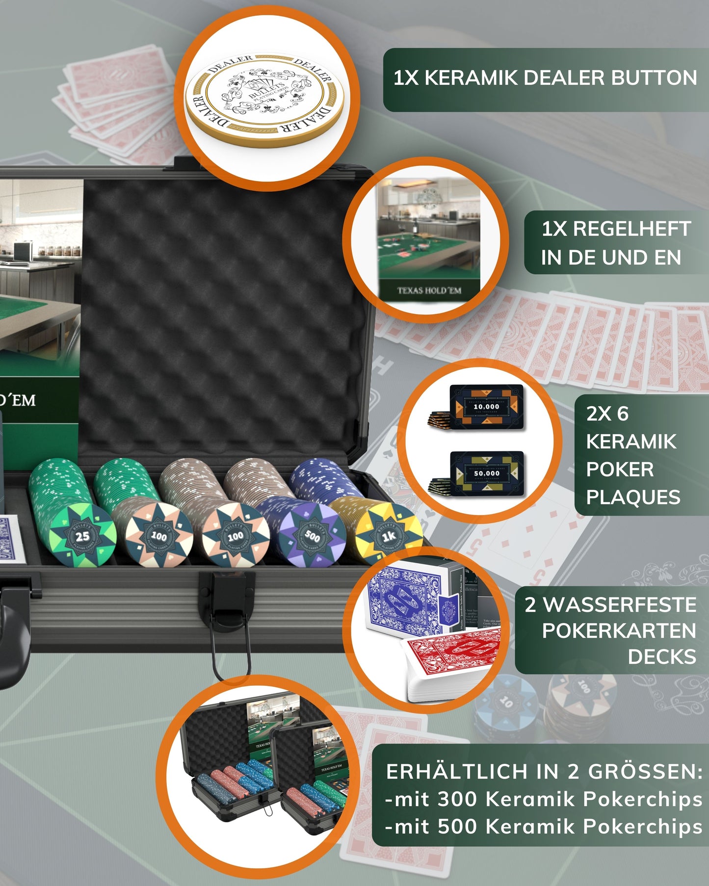 Poker Koffer mit 500 Keramik Pokerchips "Paulie" mit Werten