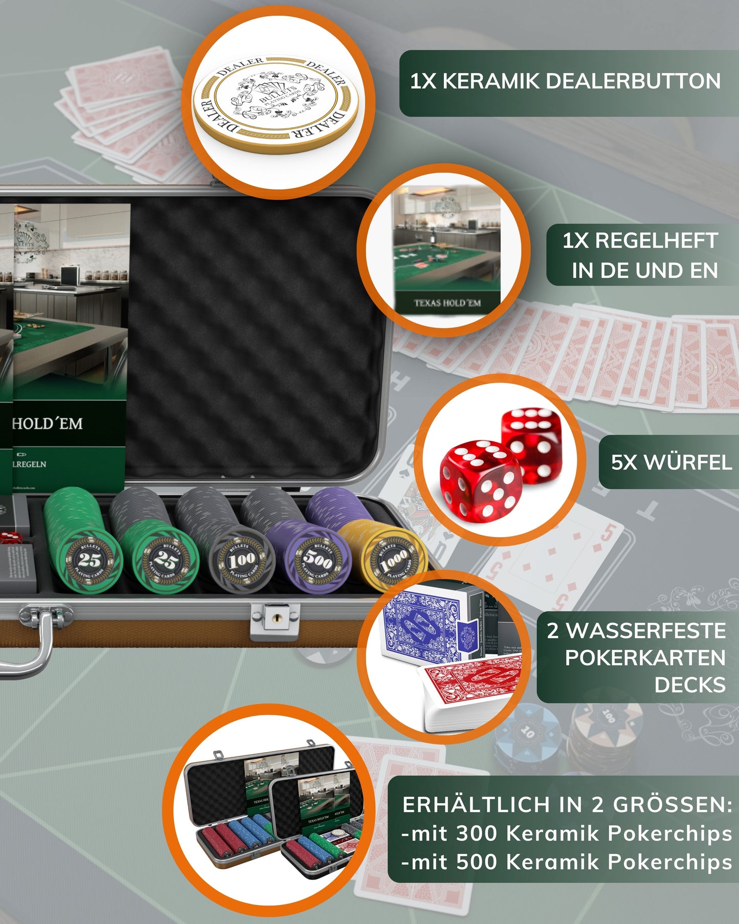 Pokerkoffer mit 500 Keramik Pokerchips "Silvio" mit Werten