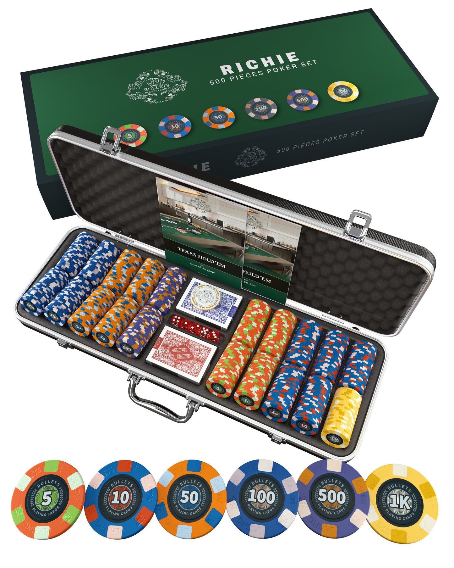 Poker Koffer mit 500 Keramik Pokerchips "Richie" mit Werten