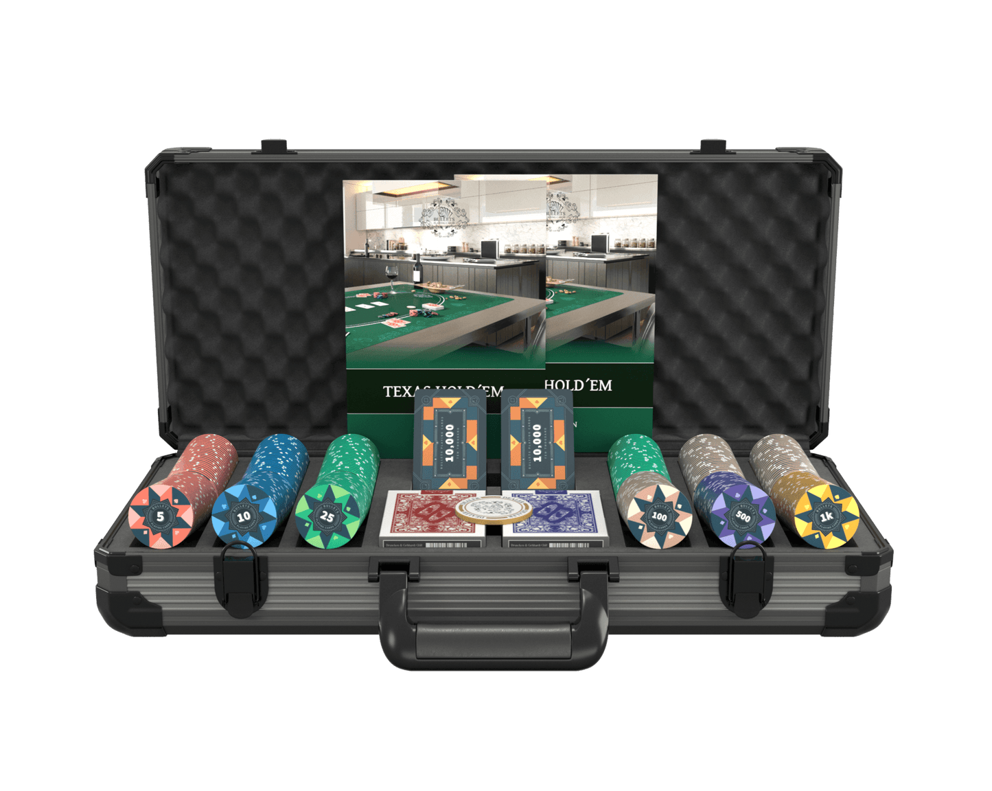 Poker Koffer mit 300 Keramik Pokerchips "Paulie" mit Werten - Bullets Playing Cards