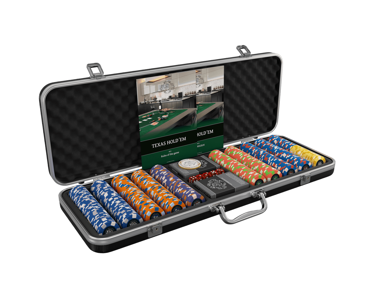 Poker Koffer mit 500 Keramik Pokerchips "Richie" mit Werten - Bullets Playing Cards