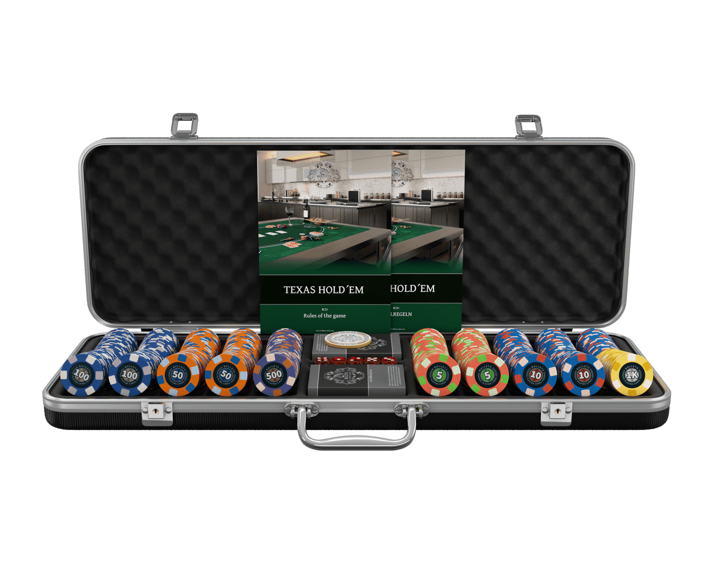 Poker Koffer mit 500 Keramik Pokerchips "Richie" mit Werten - Bullets Playing Cards
