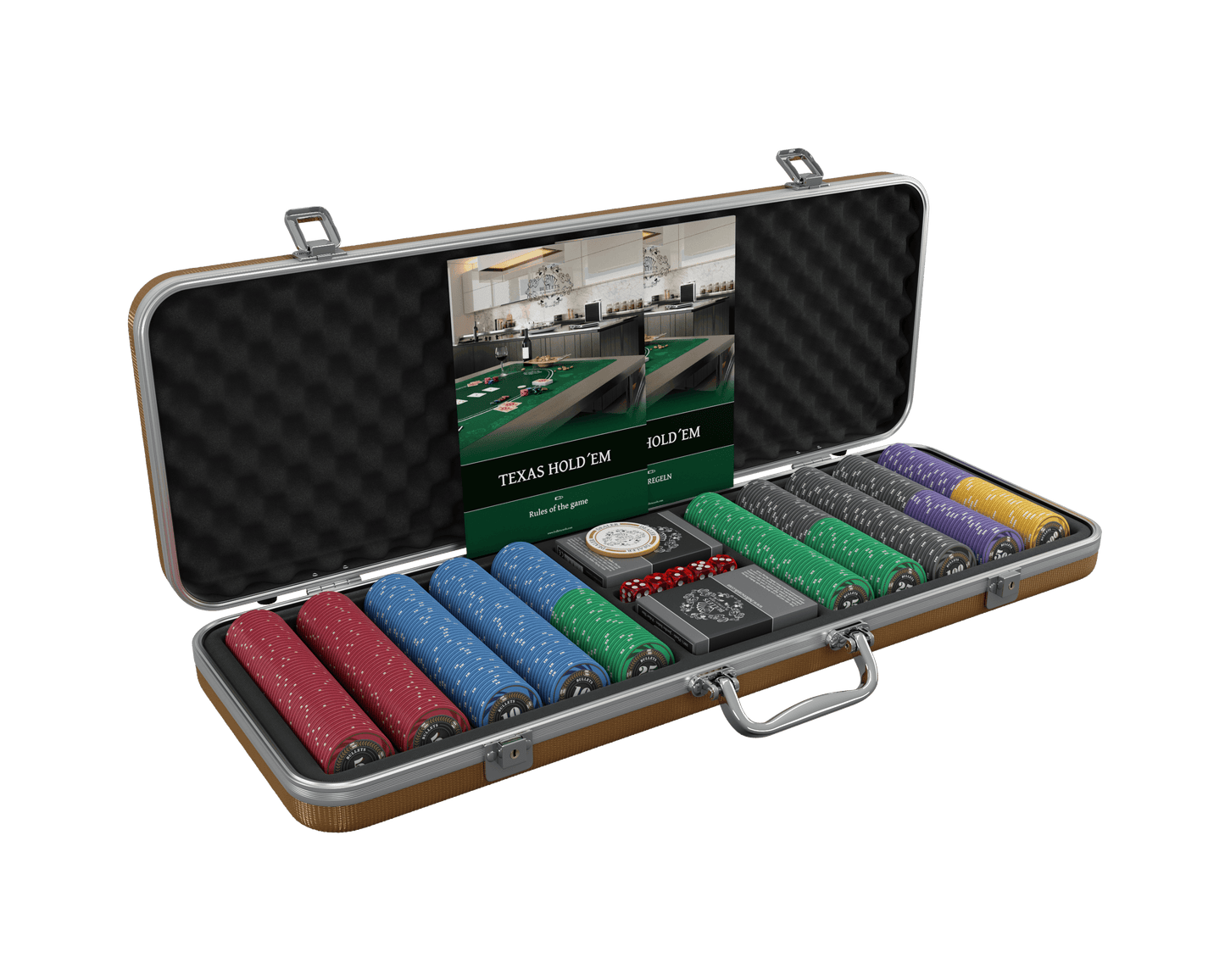 Pokerkoffer mit 500 Keramik Pokerchips "Silvio" mit Werten - Bullets Playing Cards