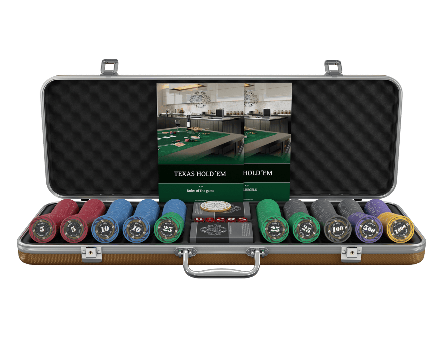 Pokerkoffer mit 500 Keramik Pokerchips "Silvio" mit Werten - Bullets Playing Cards