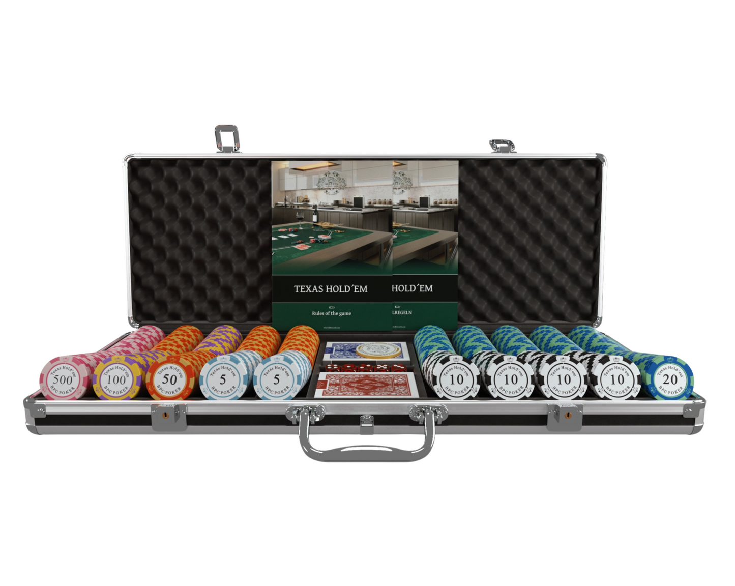 Pokerkoffer mit 500 Clay Pokerchips "Carmela" mit Werten