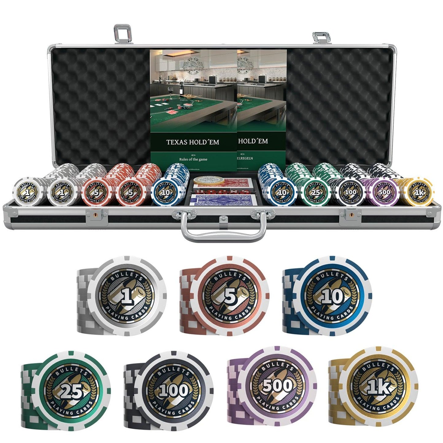 Poker Koffer mit 500 Kunststoff Pokerchips "Christopher" mit Werten - Einsteigerset