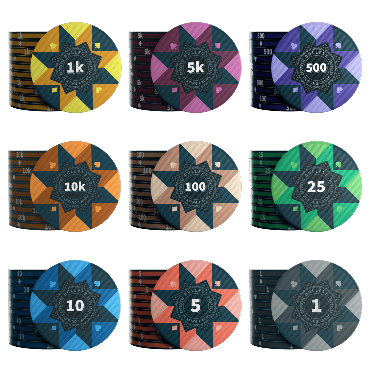 Copy of Keramik Poker Chips "Paulie" mit Werten - 25er Rolle - Bullets Playing Cards