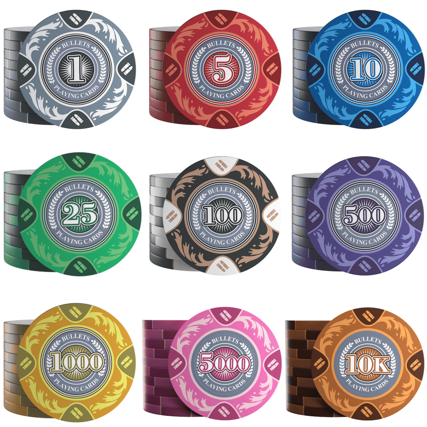 Clay Poker Chips "Tony" mit Werten - 25er Rolle - Bullets Playing Cards