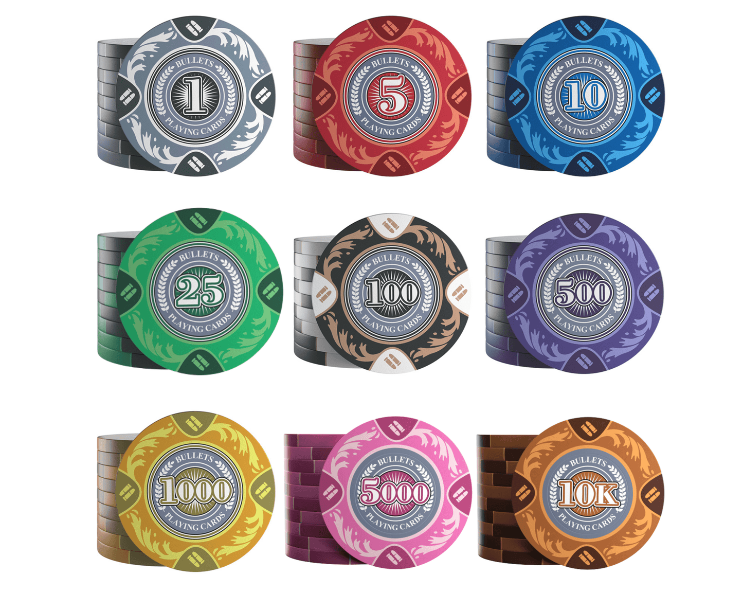 Clay Poker Chips "Tony" mit Werten - 25er Rolle - Bullets Playing Cards