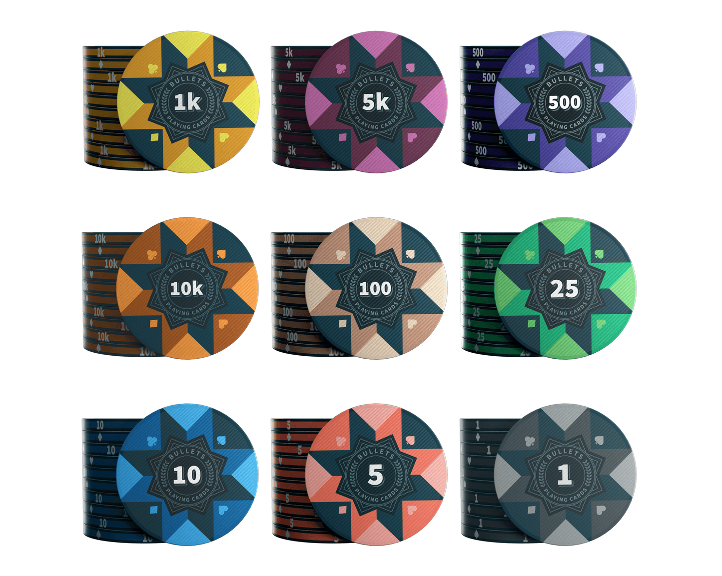 Keramik Poker Chips "Paulie" mit Werten - 25er Rolle - Bullets Playing Cards