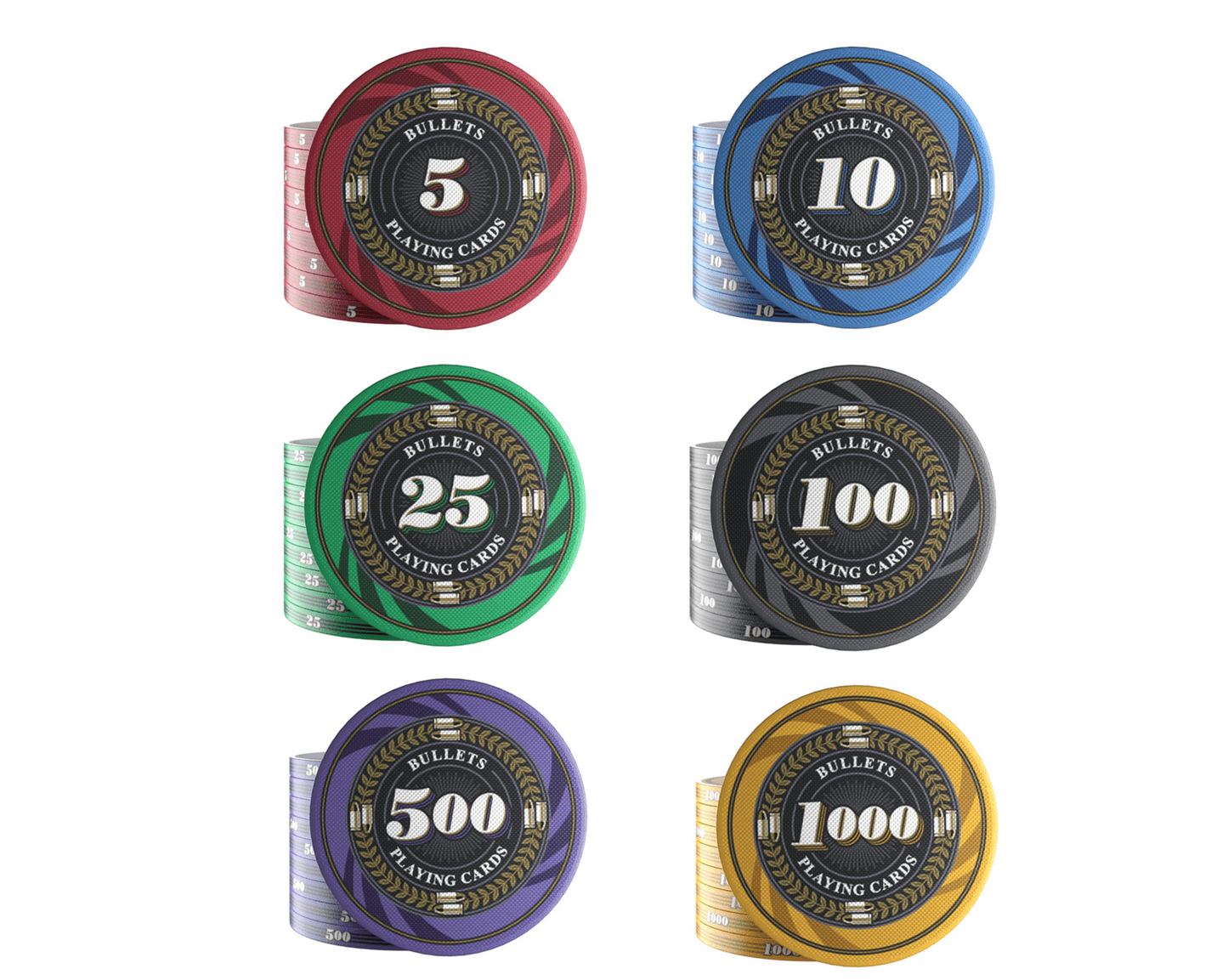 Keramik Poker Chips "Silvio" mit Werten - 25er Rolle - Bullets Playing Cards