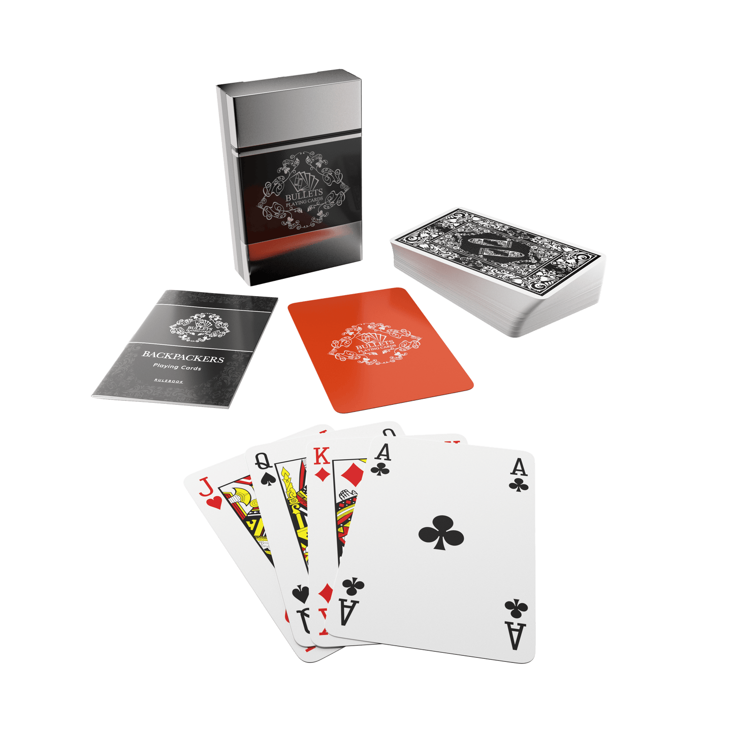 Backpacker Playing Cards, inklusive Plastik Spielkarten, Alu-Box und Spielregeln für 5 Reisespielen - Bullets Playing Cards