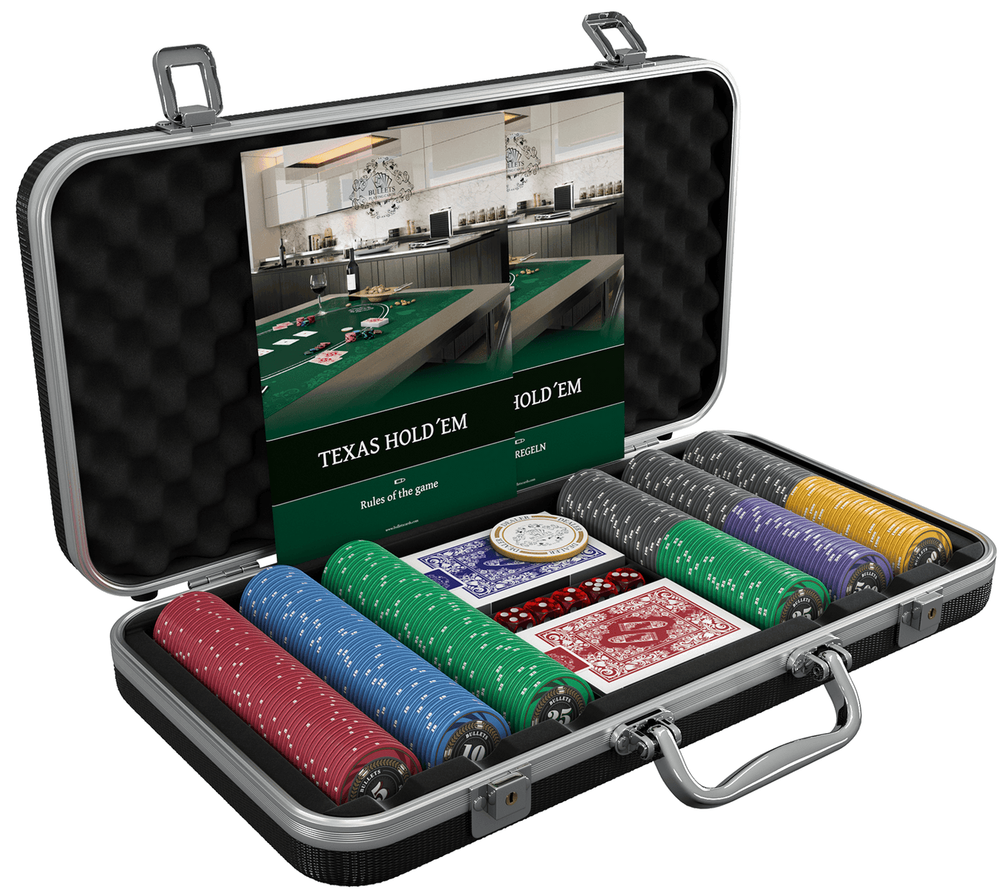 Pokerkoffer mit 300 Keramik Pokerchips "Silvio" mit Werten - Bullets Playing Cards