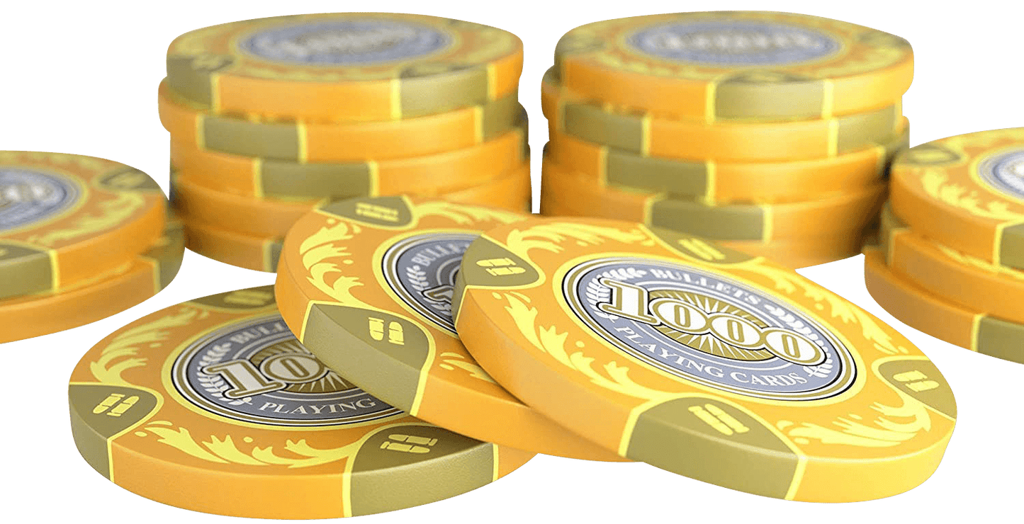 Clay Poker Chips "Tony" mit Werten - 25er Rolle - Bullets Playing Cards
