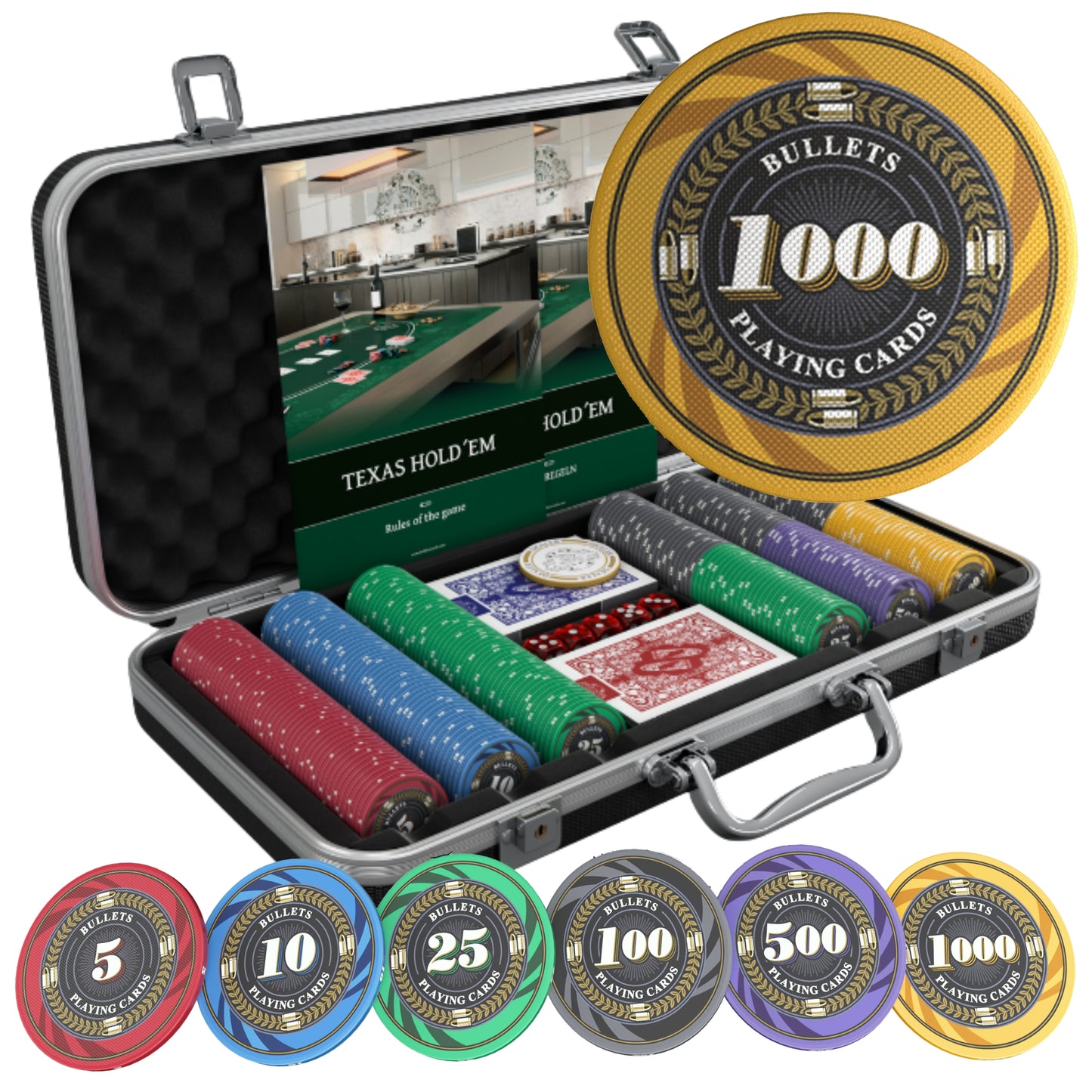 Pokerkoffer mit 300 Keramik Pokerchips "Silvio" mit Werten
