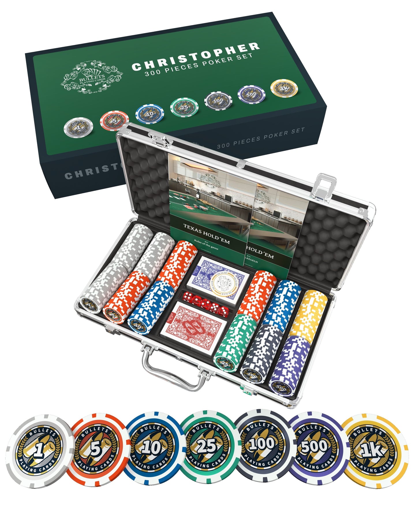 Mallette de poker avec 300 jetons de poker "Christopher" en plastique avec valeurs - set de démarrage