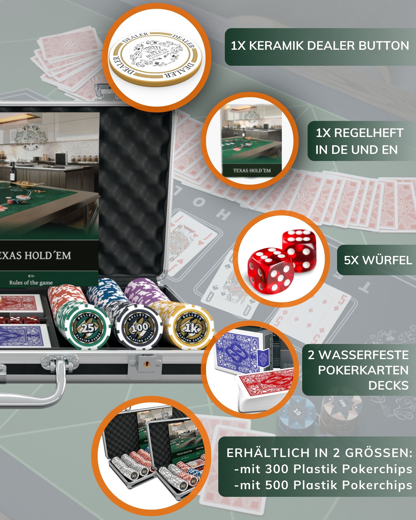 Mallette de poker avec 300 jetons de poker "Christopher" en plastique avec valeurs - set de démarrage