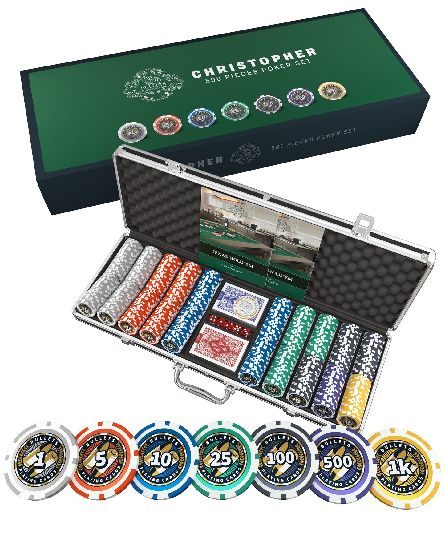 Poker case with 500 plastic "Christopher" poker chips with values - starter set