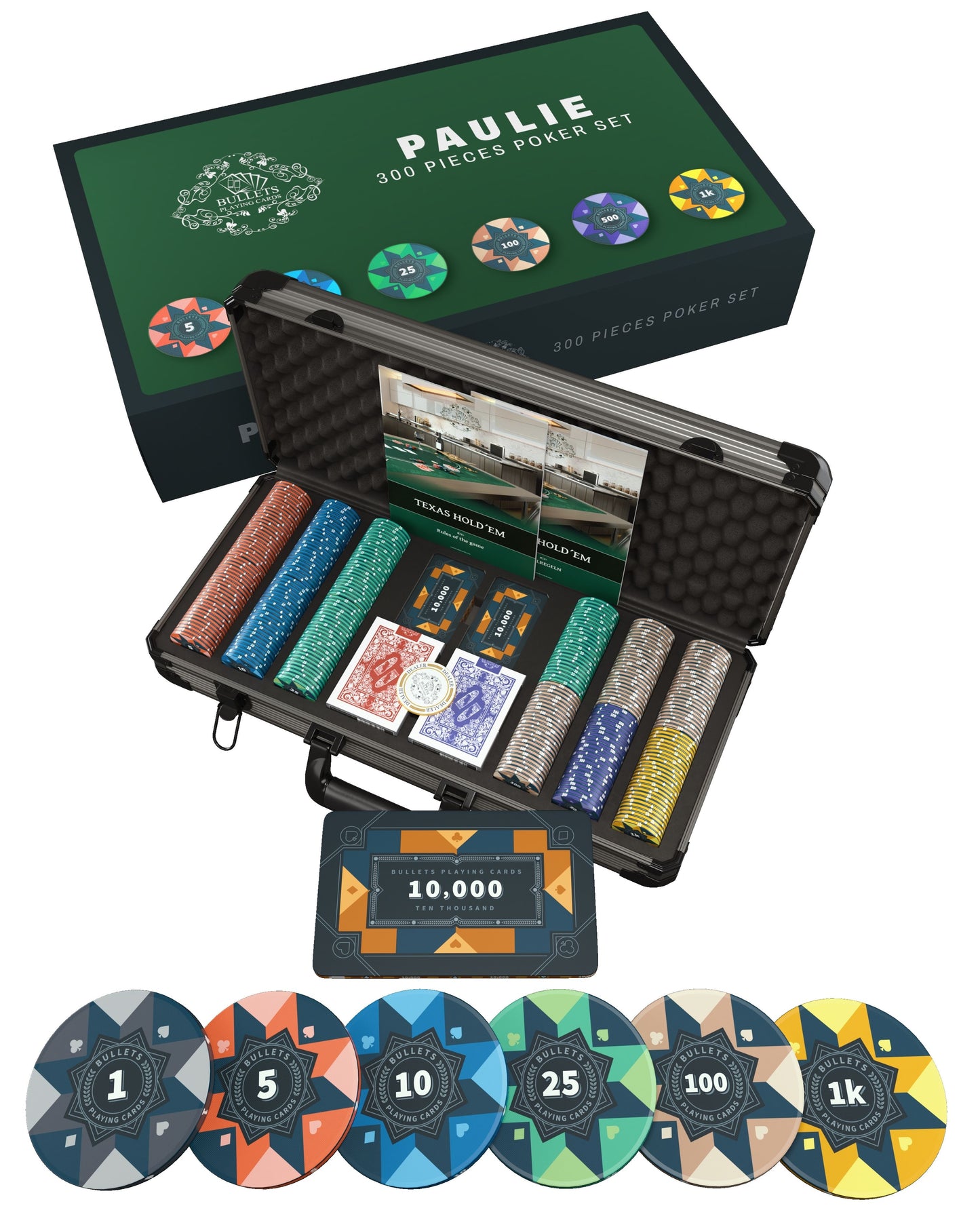 Poker case with 300 ceramic poker chips "Paulie" with values