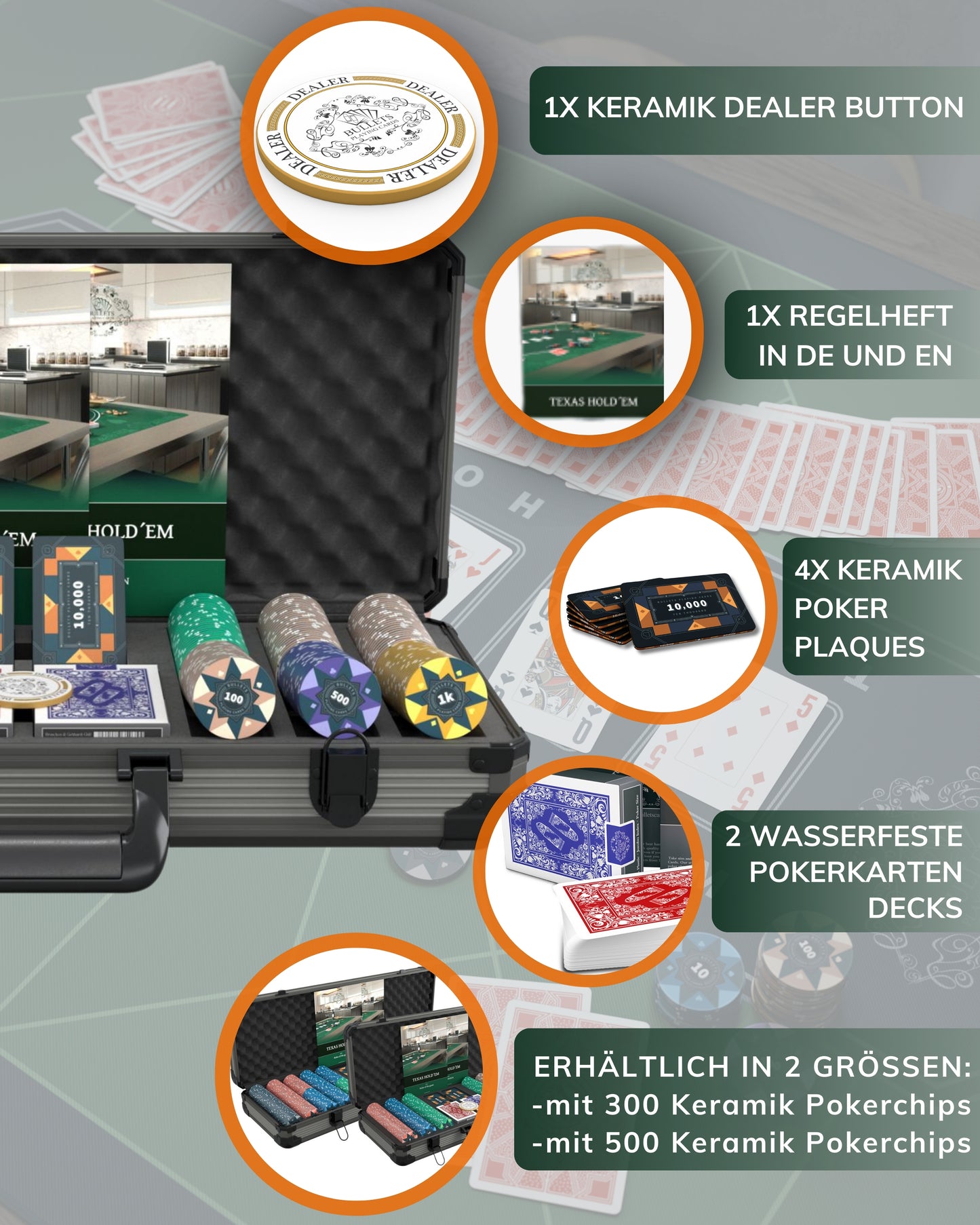 Poker case with 300 ceramic poker chips "Paulie" with values