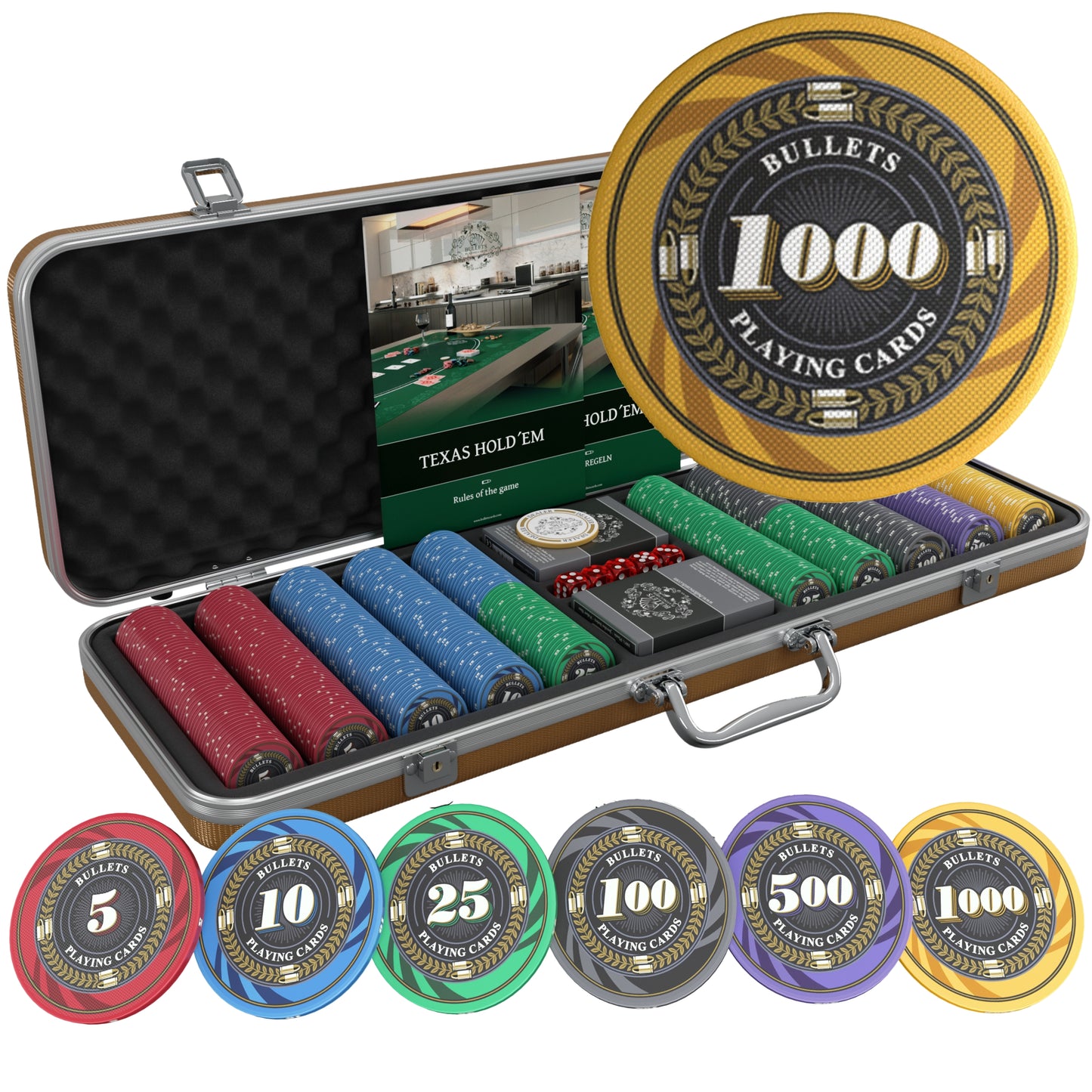 Pokerkoffer mit 500 Keramik Pokerchips "Silvio" mit Werten