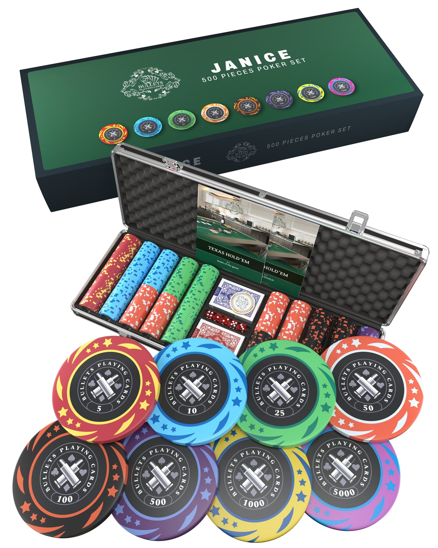 Poker Koffer mit 500 Kunststoff Pokerchips "Janice" mit Werten