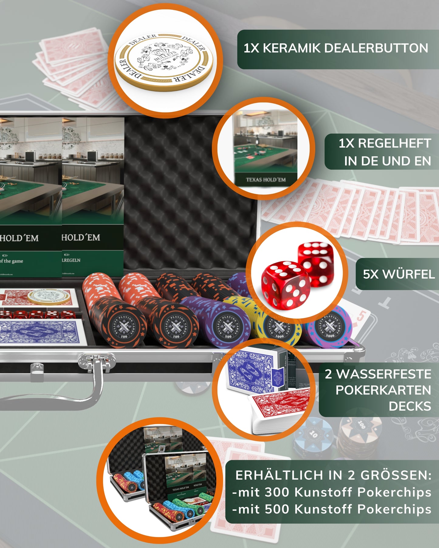 Poker Koffer mit 500 Kunststoff Pokerchips "Janice" mit Werten