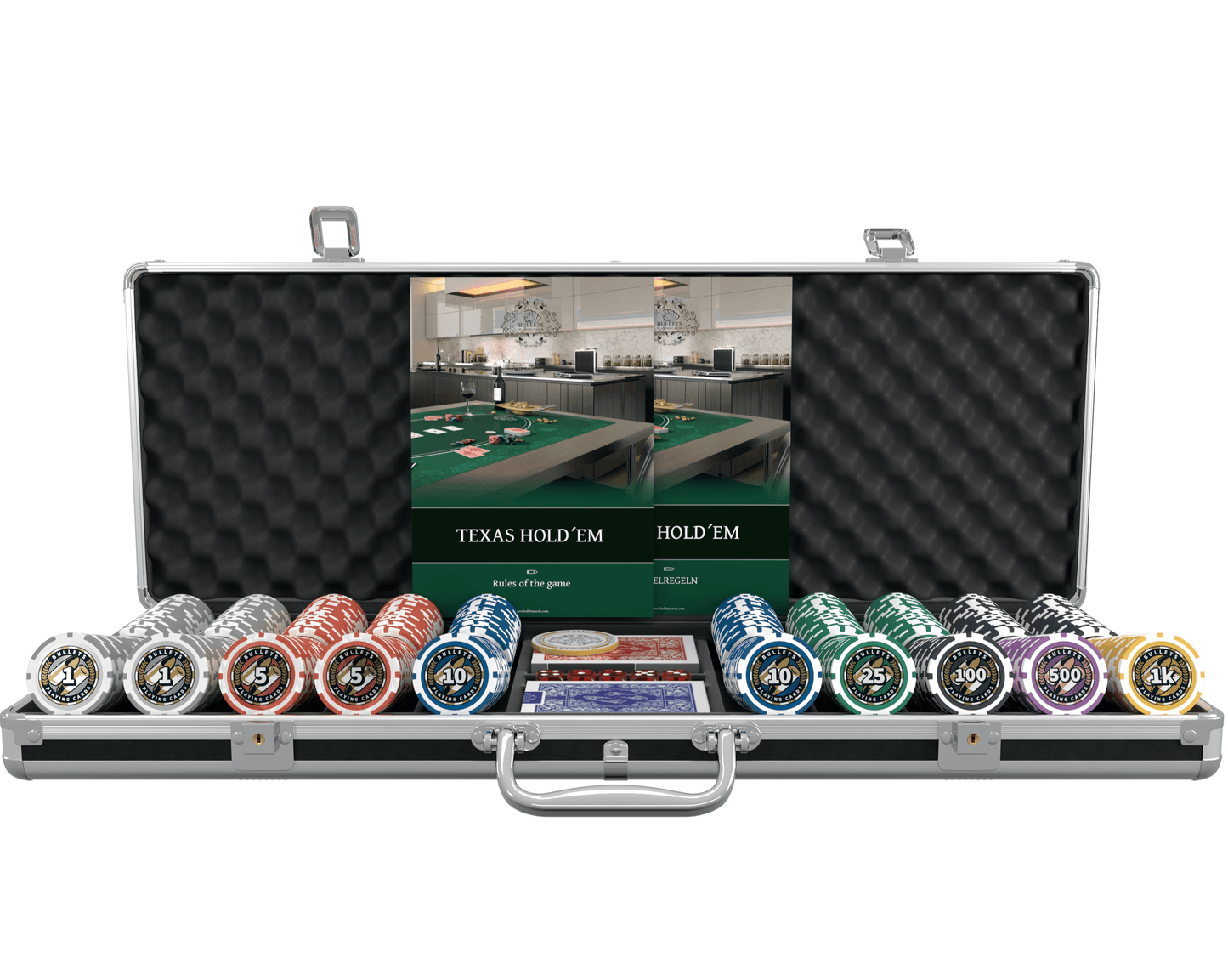 Poker case with 500 plastic poker chips "Christopher" with values - starter set - Bullets Playing Cards