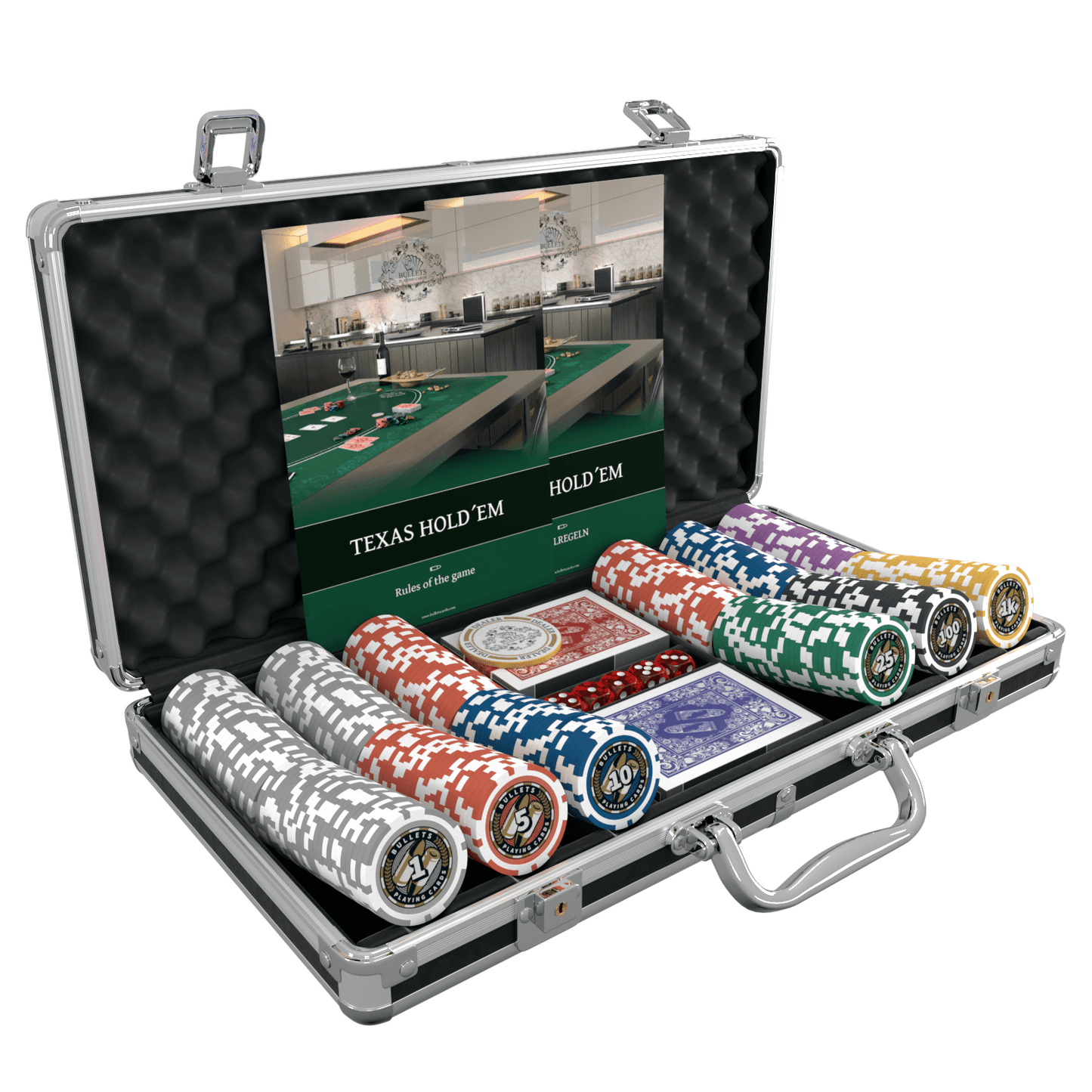 Coffret de poker avec 300 jetons de poker en plastique "Christopher" avec valeurs - Coffret de démarrage - Bullets Playing Cards