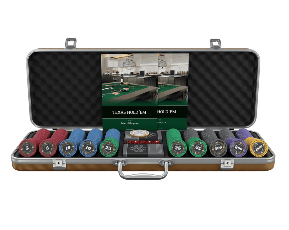 Pokerkoffer mit 500 Keramik Pokerchips "Silvio" mit Werten - Bullets Playing Cards