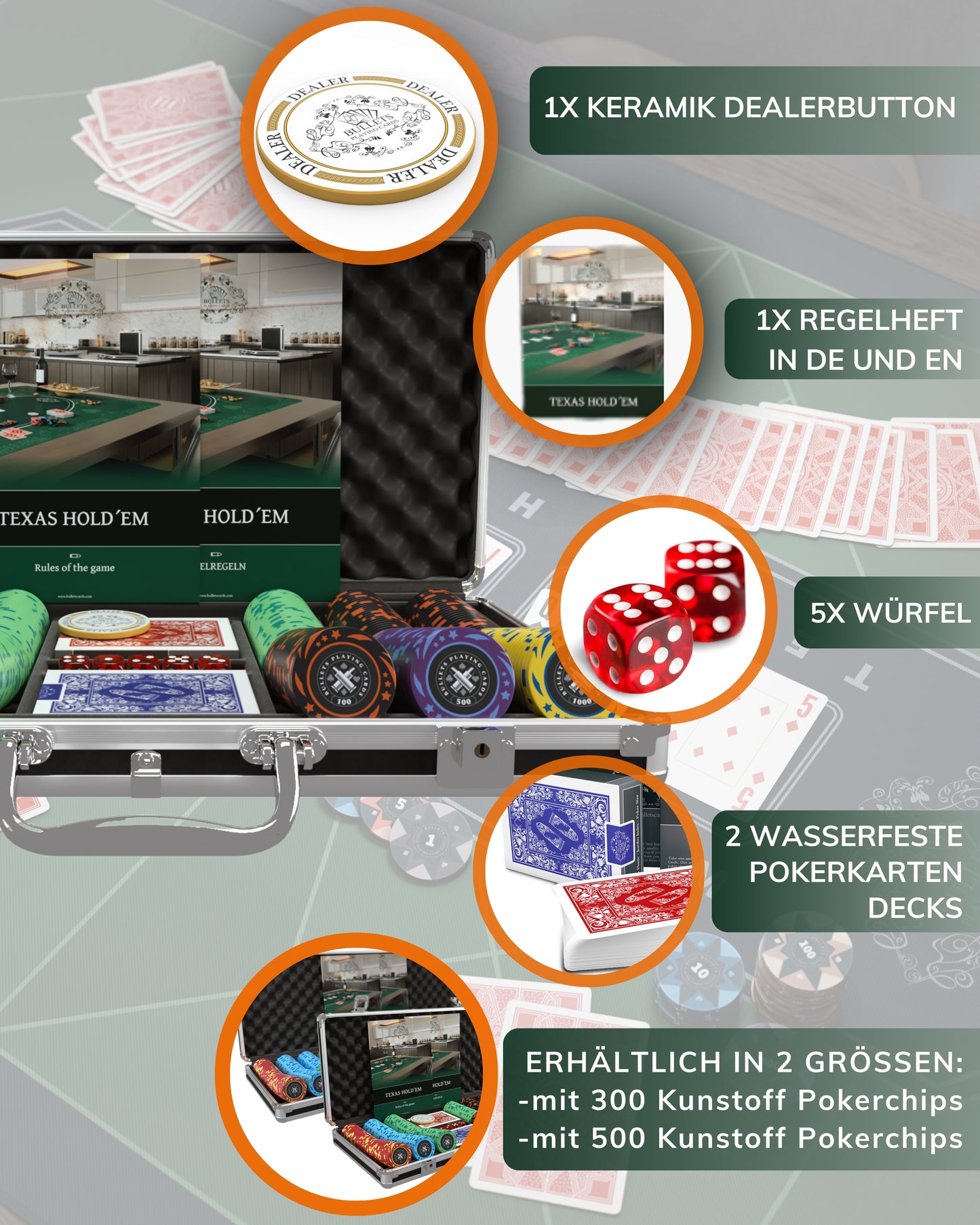 Poker Koffer mit 300 Kunststoff Pokerchips "Janice" mit Werten