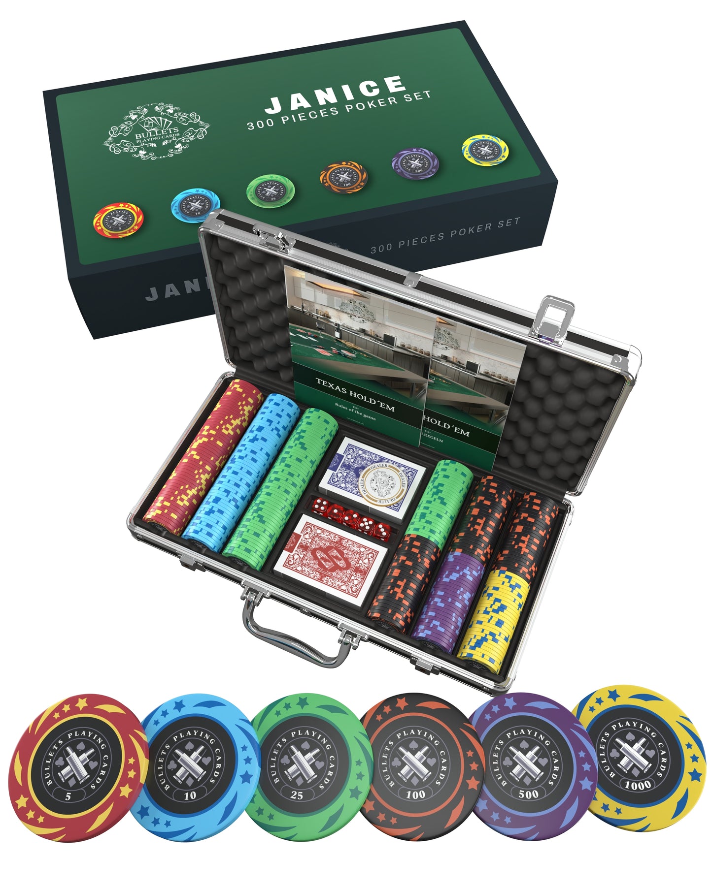 Poker Koffer mit 300 Kunststoff Pokerchips "Janice" mit Werten