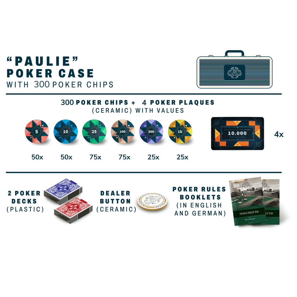 Coffret de poker avec 300 jetons de poker en céramique "Paulie" avec valeurs - Bullets Playing Cards