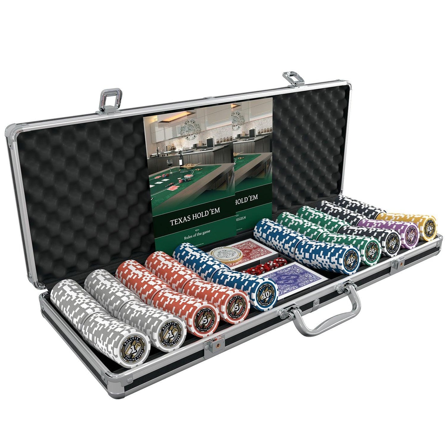 Poker case with 500 plastic poker chips "Christopher" with values - starter set - Bullets Playing Cards